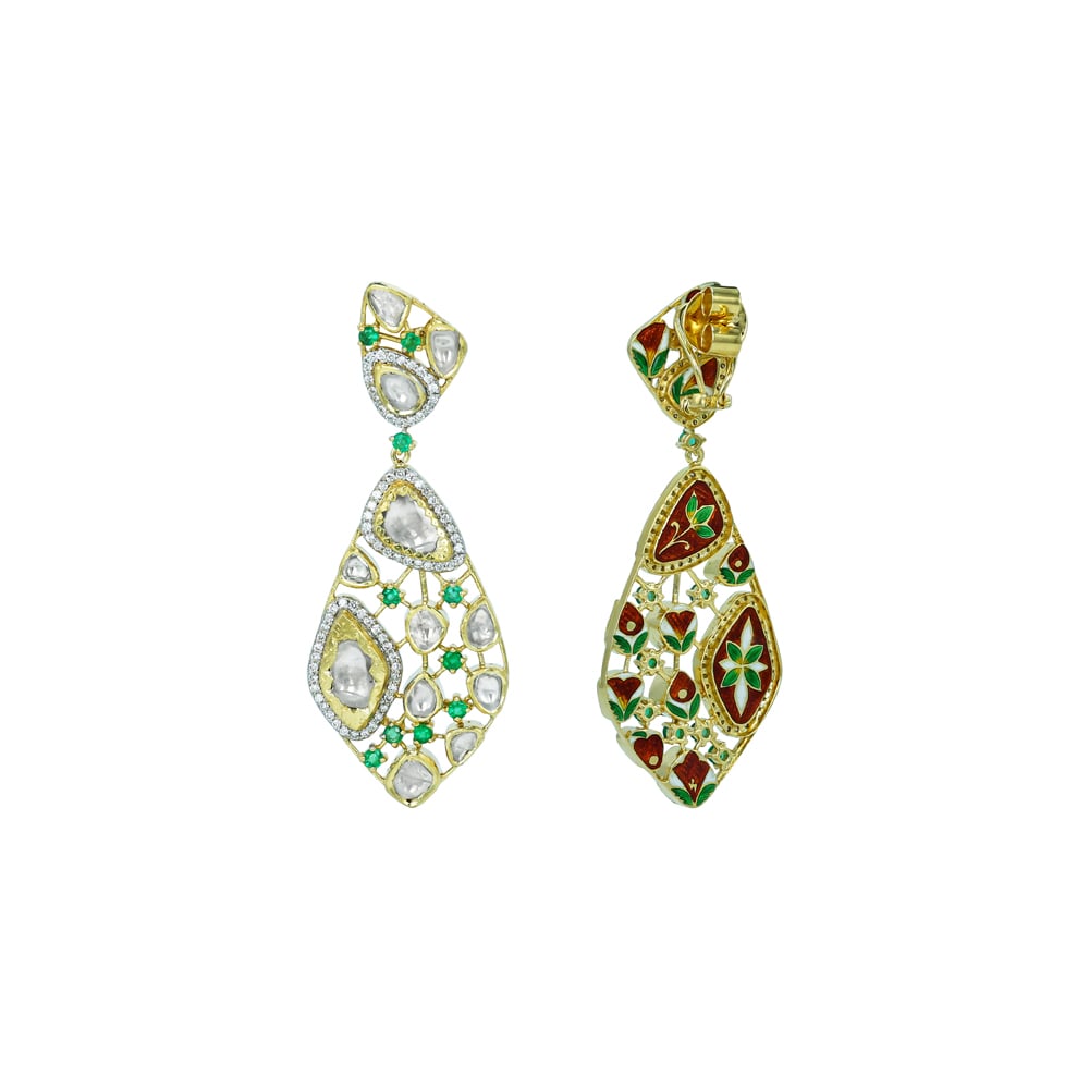 Polki Drop Earrings with Emerald Accents